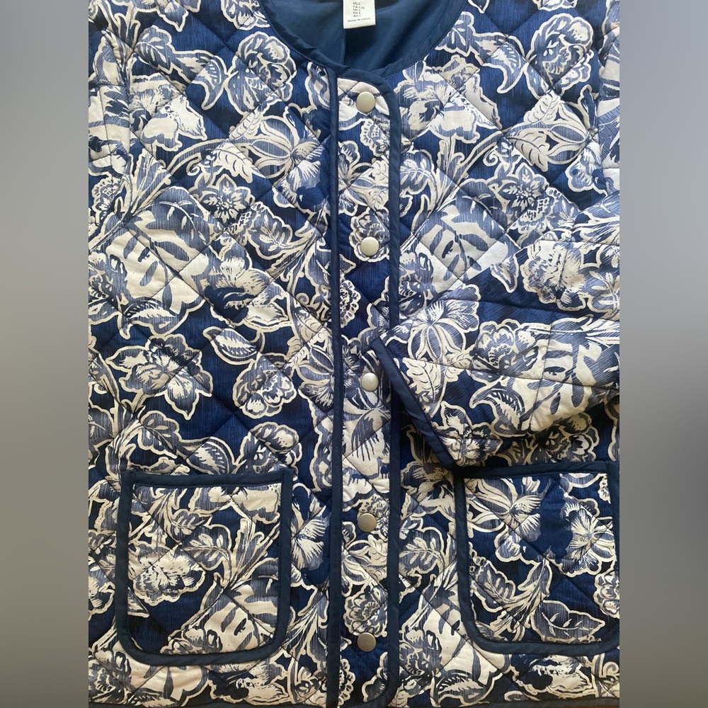 Rachel Zoe Quilted Floral Jacket w/ Front Pockets Size L Navy & White - Picture 7 of 15